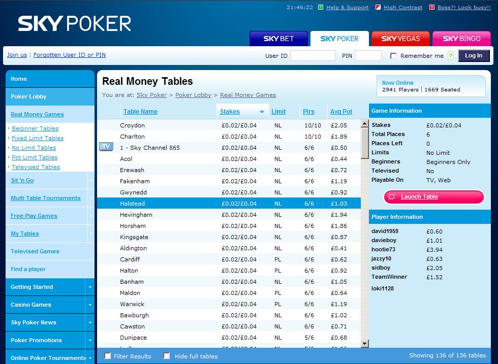 Sky Poker Lobby